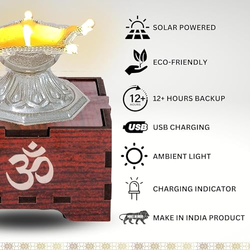 SolarBasket Akhand Solar Diya for Puja,Temple,Home Decoration 6 Bati(Vat) Battery Operated Light Silver Coated Gifting Diva for Pooja,LED Wicks Jyoti Aarti Niranjan/Deepak(Pack of 1) - Image 4