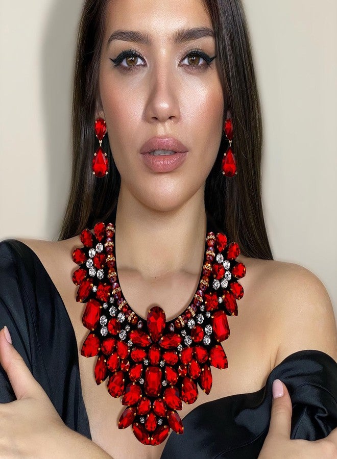فلايونس مجوهرات فلايونس النسائية، طقم عقد وأقراط كبير الحجم بتصميم جريء، مرصع بأحجار الراين الكريستالية الحمراء، قابل للتعديل، مع سلسلة سوداء، مناسب لحفلات الزفاف والكوكتيل وحفلات التخرج، بطول 35.8 بوصة. - Image 3
