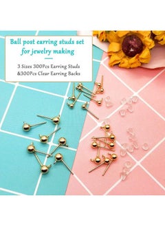Oubaka 300Pcs Ball Post Earring Studs For Jewelry Making3 Sizes Earring Studs Ball Ear Pin Ball Post Earrings With Loop With 300Pcs Clear Earring Backs Replacements For Diy Jewelry Making Findings(Kc Gold )  - Image 3