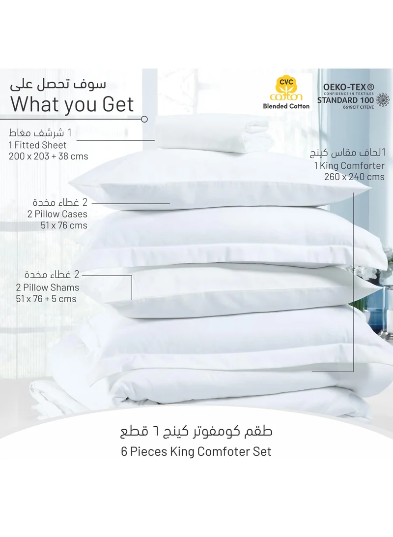 Donetella Comforter Set 6-Pieces Double Size Bed Fits(200 x 200 Cm)Hotel Style All Season Cotton Blend Bedding Set With Down Alternative Filling, White