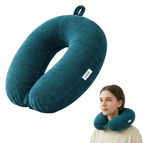 CRAE Travel Neck Pillow for Men & Women | Soft Fibre Cushion for Flight, Car & Train | Soft Velvet Fabric with Attachable Snap Strap | Cervical Support for Neck Pain Relief.Pack of 1(Lagoon Blu) - Image 1