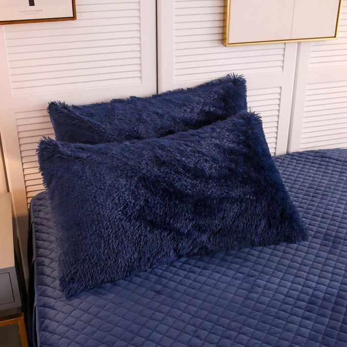 2 PACK ROYAL BLUE SHAGGY PLUSH FAUX FUR PILLOW SHAMS VELVET REVERSE20X36 FLUFFY DECORATIVE PILLOWCASES WITH ZIPPER CLOSURE FOR COUCHSOFABEDNAVYKING