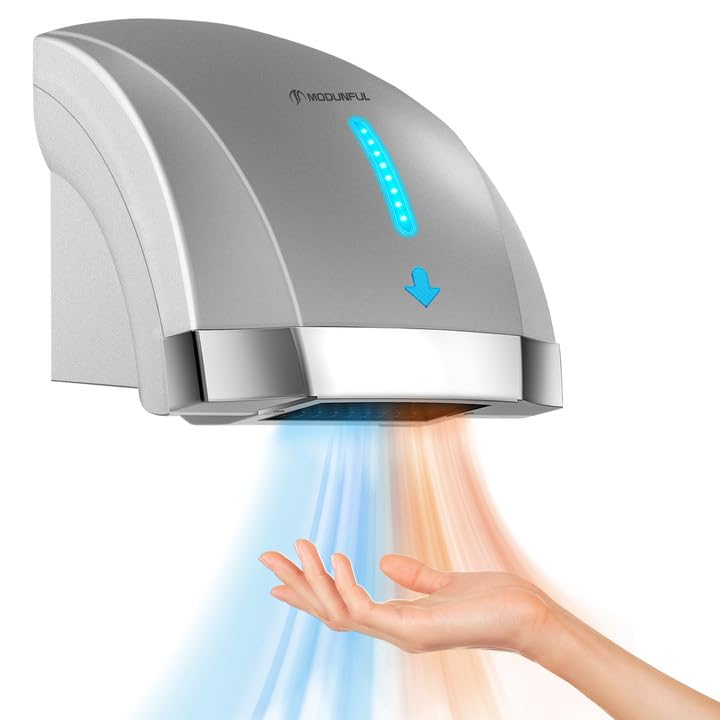 modunful Hand Dryers for Bathrooms Commercial, Electric Hand Dryer Touchless, Extra Quiet Low Noise(40db), Wall Mounted Type(1600W) (Silver) - Image 1