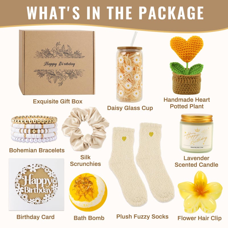 PARTY TONIGHT Birthday Gifts for Women, Unique Happy Birthday Gift Baskets for Teen Girls, Women, Her, Best Friend, Daughter, Sister, Self Care Package Cute Daisy Aesthetic Glass Cups Gift Box 9pcs Set - Image 2