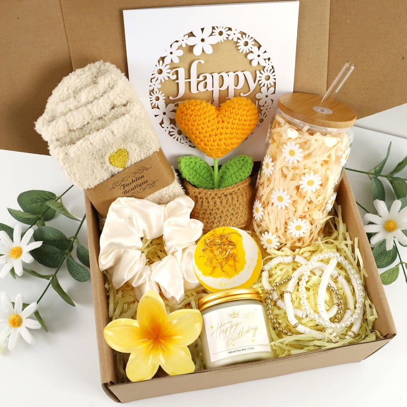 PARTY TONIGHT Birthday Gifts for Women, Unique Happy Birthday Gift Baskets for Teen Girls, Women, Her, Best Friend, Daughter, Sister, Self Care Package Cute Daisy Aesthetic Glass Cups Gift Box 9pcs Set - Image 1