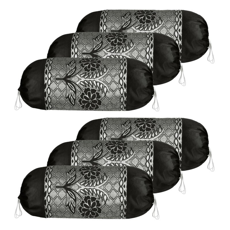 Kuber Industries Pack of 6 Aesthetic Bolster/Side Pillow Cover with Dori for Sofa & Diwan | Washable Cylindrical Takiya & Round Pillow Cover for Home Decor | Flower Design - Black Grey - Image 1