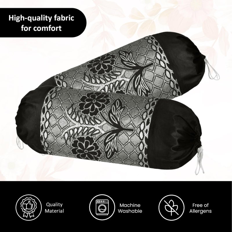 Kuber Industries Pack of 6 Aesthetic Bolster/Side Pillow Cover with Dori for Sofa & Diwan | Washable Cylindrical Takiya & Round Pillow Cover for Home Decor | Flower Design - Black Grey - Image 4