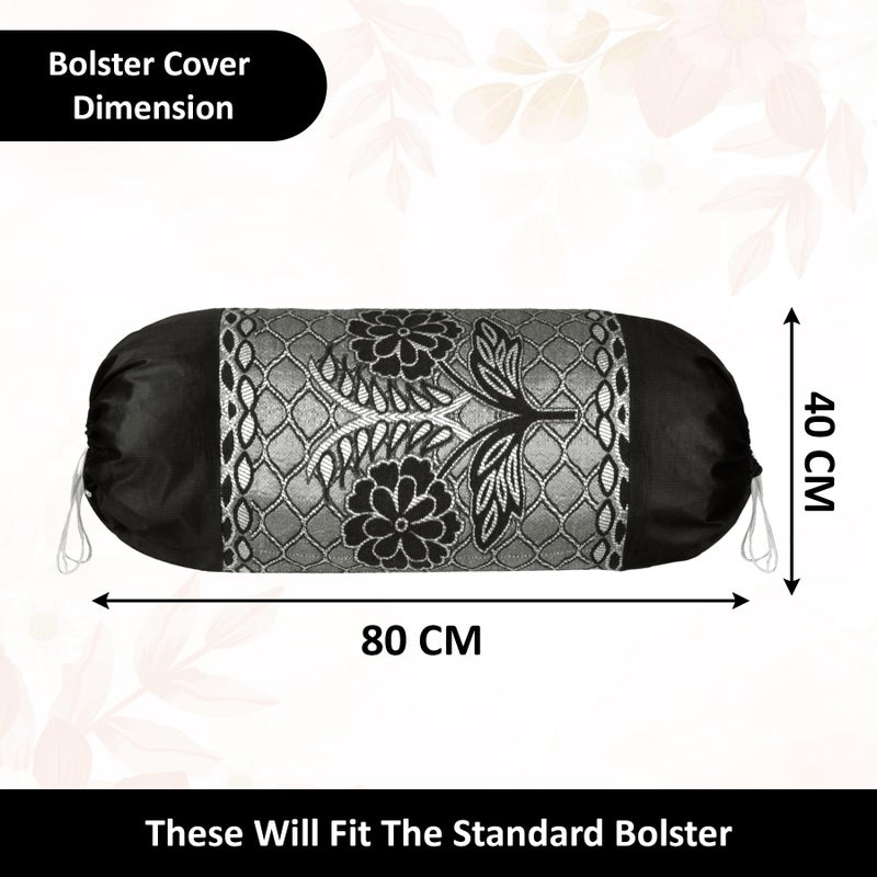 Kuber Industries Pack of 6 Aesthetic Bolster/Side Pillow Cover with Dori for Sofa & Diwan | Washable Cylindrical Takiya & Round Pillow Cover for Home Decor | Flower Design - Black Grey - Image 3