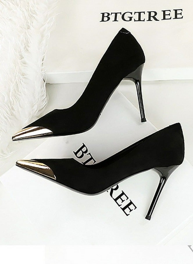 بيج تري النساء أنيقة جلد السويد أشار مغلق إصبع القدم كعب عالي 9.5CM أسود - Image 3