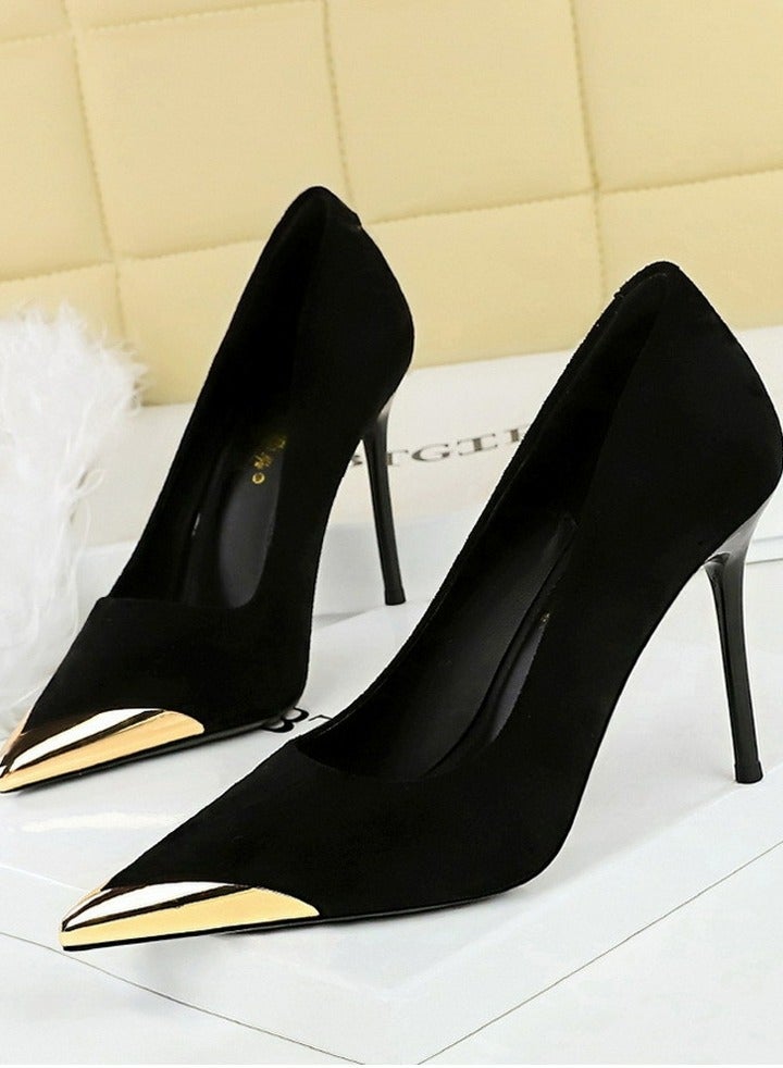 بيج تري النساء أنيقة جلد السويد أشار مغلق إصبع القدم كعب عالي 9.5CM أسود - Image 1