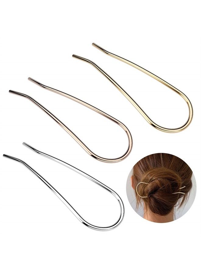 HYFEEL Metal Hair Fork 4.6 inch Simple U Shape Updo Hair Sticks Alloy Gold-plated 2 Prong Bun Hair Pins Clips Grips for Women Thick Hair Styling Tool Accessories, 3 Pack, Gold, Rose Gold, Silver - Image 1