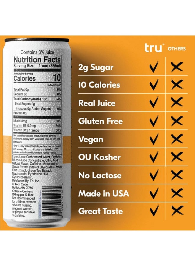 Tru Energy Seltzer, Clean Energy Drinks with B-Vitamins, Mango Fruit Juice Flavored Sparkling Water, 100 mg Natural Caffeine, Kosher, Gluten Free, Vegan, Low Calories, No Sugar Added Beverages, 12oz (Pack of 12) - Image 2