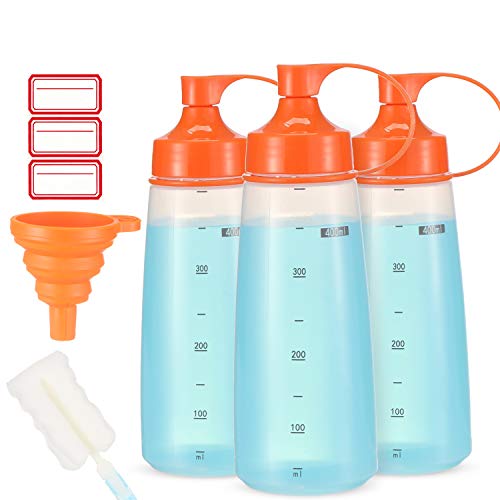 Ondiomn Plastic Condiment Squeeze Bottles for Sauces Wide Mouth - Salad Dressing Bottle Dispenser for Sauce Cooking Oil Ketchup Syrup Liquids Griddle Paint Mustard Resin (3-Pack (orange), 14, ounces) - Image 1