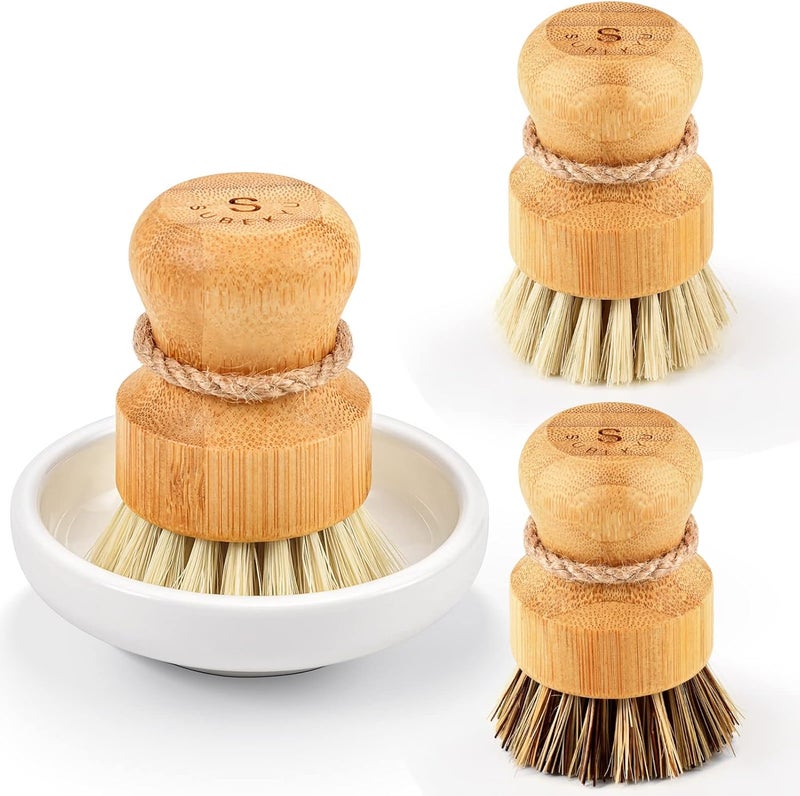 SUBEKYU Bamboo Dish Scrub Brushes, Kitchen Wooden Cleaning Scrubbers Set for Washing Cast Iron Pans/Pots, Set of 3 - Image 1