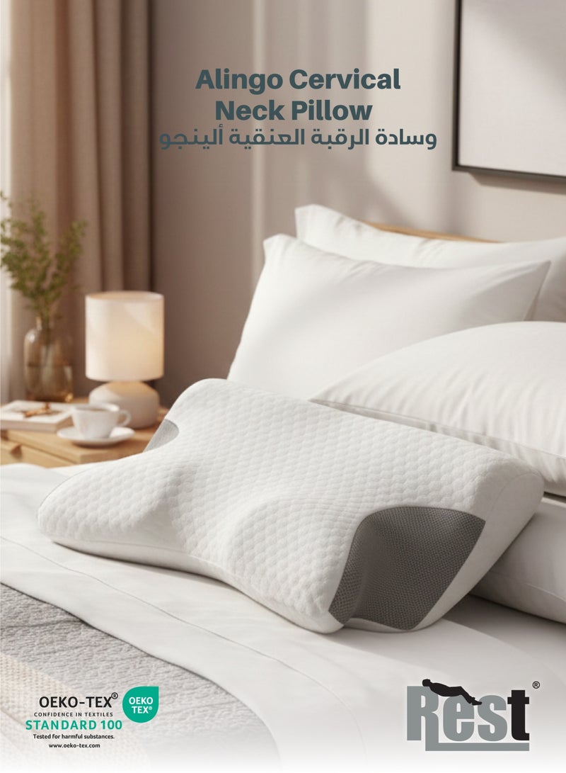 REST Alingo Cervical Neck Pillow for Pain Relief, Adjustable Ergonomic Memory Foam Pillow for Neck and Shoulder Pain, Orthopedic Contour Support Pillows for Side Back & Stomach  Sleepers with Washable Breathable Cover 70x40cm White - Image 1