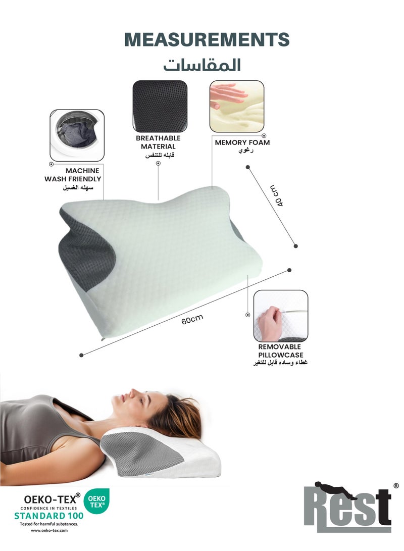 REST Alingo Cervical Neck Pillow for Pain Relief, Adjustable Ergonomic Memory Foam Pillow for Neck and Shoulder Pain, Orthopedic Contour Support Pillows for Side Back & Stomach  Sleepers with Washable Breathable Cover 70x40cm White - Image 4