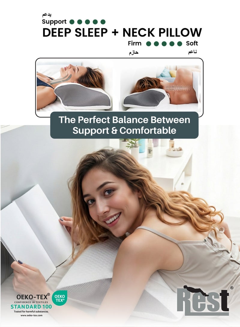 REST Alingo Cervical Neck Pillow for Pain Relief, Adjustable Ergonomic Memory Foam Pillow for Neck and Shoulder Pain, Orthopedic Contour Support Pillows for Side Back & Stomach  Sleepers with Washable Breathable Cover 70x40cm White - Image 2