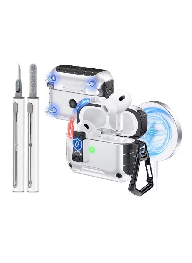 دكينج غطاء حماية لحامل AirPods Pro 3، يأتي مع مجموعة تنظيف ومشبك، غلاف حماية AirPods Pro 3 مع مغناطيس مدمج، فتح وإغلاق تلقائي بزر واحد، تصميم حماية كامل ضد السقوط، يدعم الشحن السلكي واللاسلكي. أبيض - Image 1