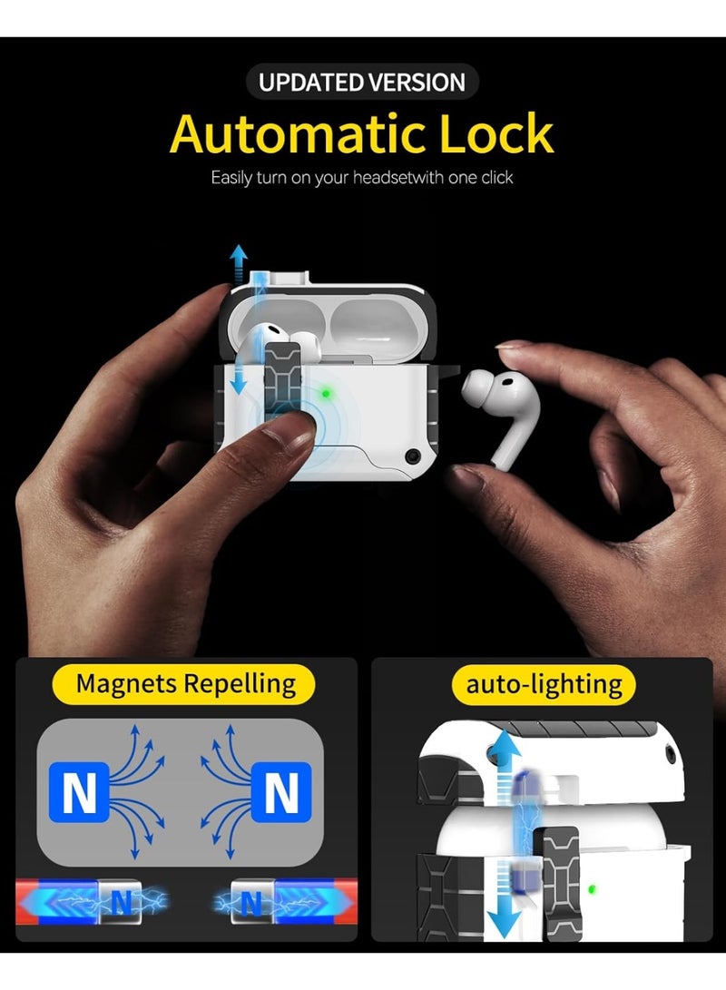 دكينج غطاء حماية لحامل AirPods Pro 3، يأتي مع مجموعة تنظيف ومشبك، غلاف حماية AirPods Pro 3 مع مغناطيس مدمج، فتح وإغلاق تلقائي بزر واحد، تصميم حماية كامل ضد السقوط، يدعم الشحن السلكي واللاسلكي. أبيض - Image 5