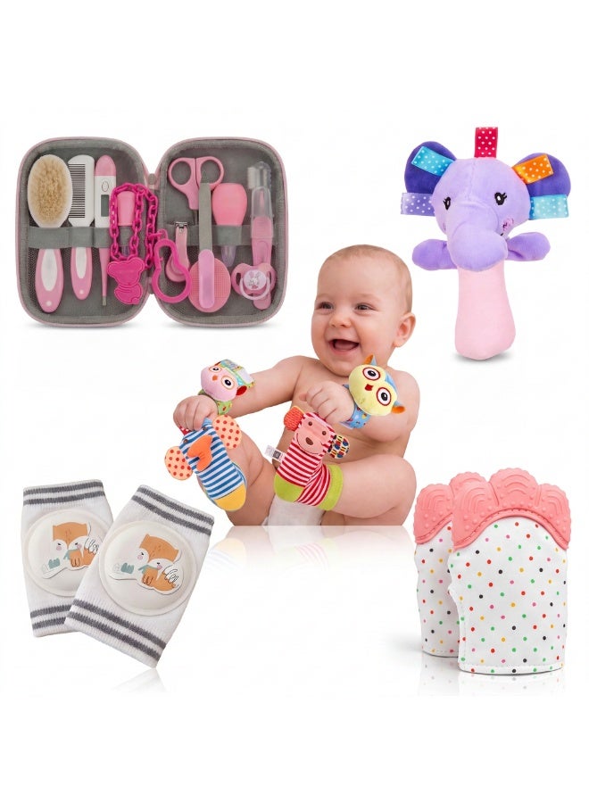 13-Piece Chicco Grooming Kit, Soft Plush Rattle, Teething Mittens, Wrist Rattles & Socks, and Baby Crawling Knee Pads Bundle
