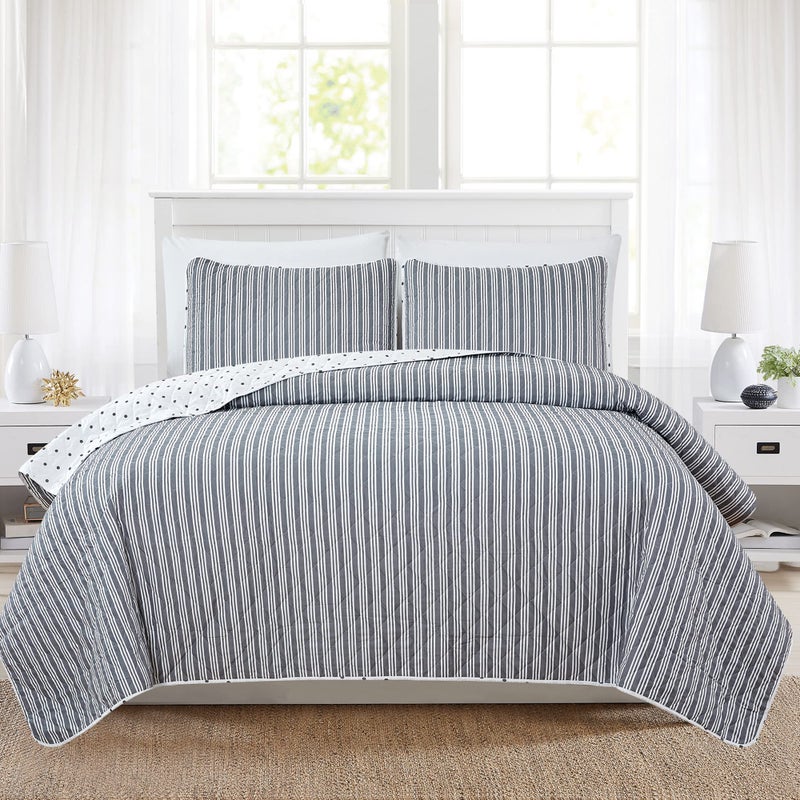 Market & Place Market  Place 3 Piece Reversible Quilt Set with Shams  AllSeason Soft  Lightweight Bedspread with Modern Striped Pattern  Nora Collection King WhiteGrey 