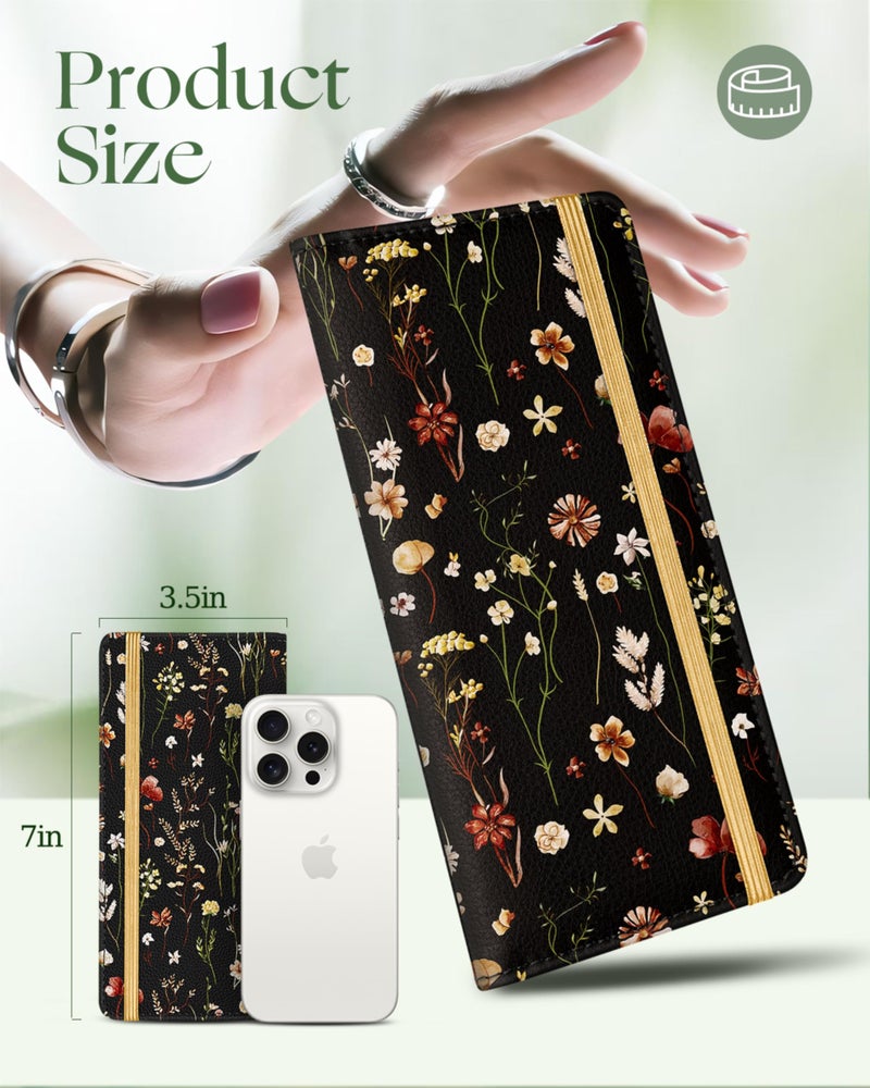 Slohif Checkbook Cover for Personal Duplicate Checks - Women Check Book Wallet Holder Black Flowers Top Side Tear - Image 2