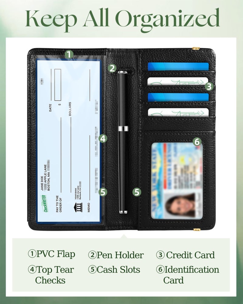 Slohif Checkbook Cover for Personal Duplicate Checks - Women Check Book Wallet Holder Black Flowers Top Side Tear - Image 3