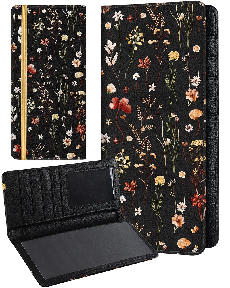 Slohif Checkbook Cover for Personal Duplicate Checks - Women Check Book Wallet Holder Black Flowers Top Side Tear - Image 1