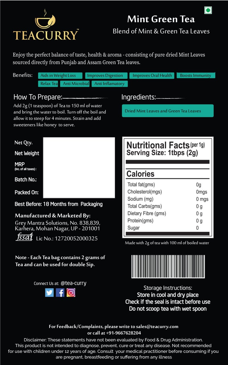 TEACURRY Mint Green Tea (1 Month Pack,100 Grams) + Infuser - Helps in Weight Loss, Headache, Memory Loss - Image 3