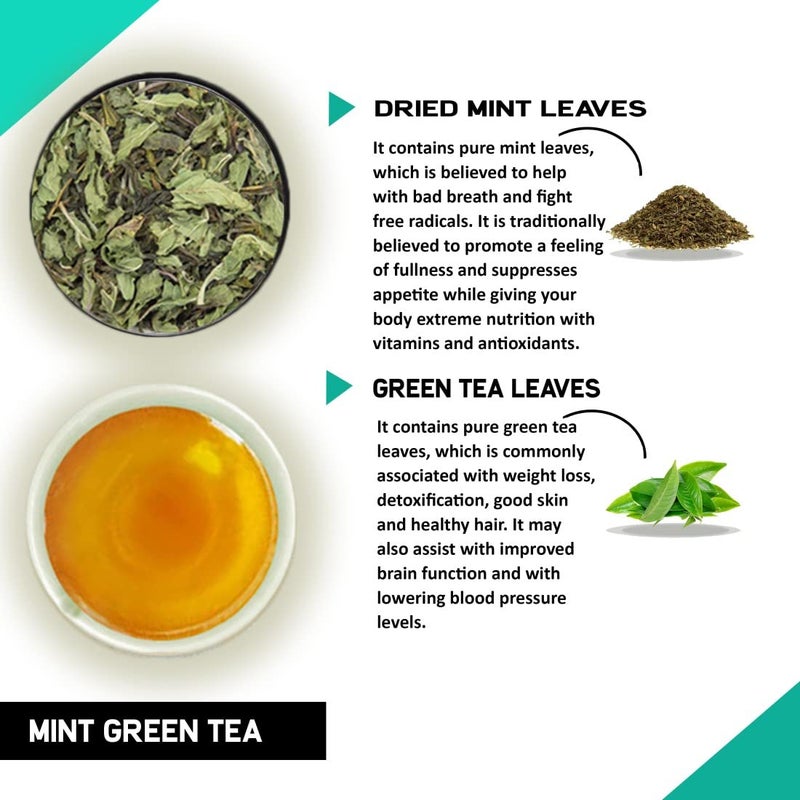 TEACURRY Mint Green Tea (1 Month Pack,100 Grams) + Infuser - Helps in Weight Loss, Headache, Memory Loss - Image 2