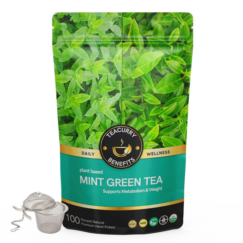 TEACURRY Mint Green Tea (1 Month Pack,100 Grams) + Infuser - Helps in Weight Loss, Headache, Memory Loss - Image 1