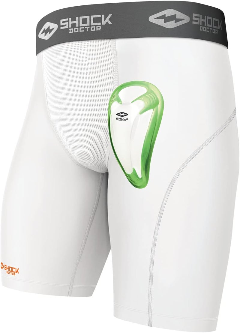 Shock Doctor Youth Compression Shorts with Bio-Flex Protective Cup - Moisture Wicking and Vented Design - White - Image 1