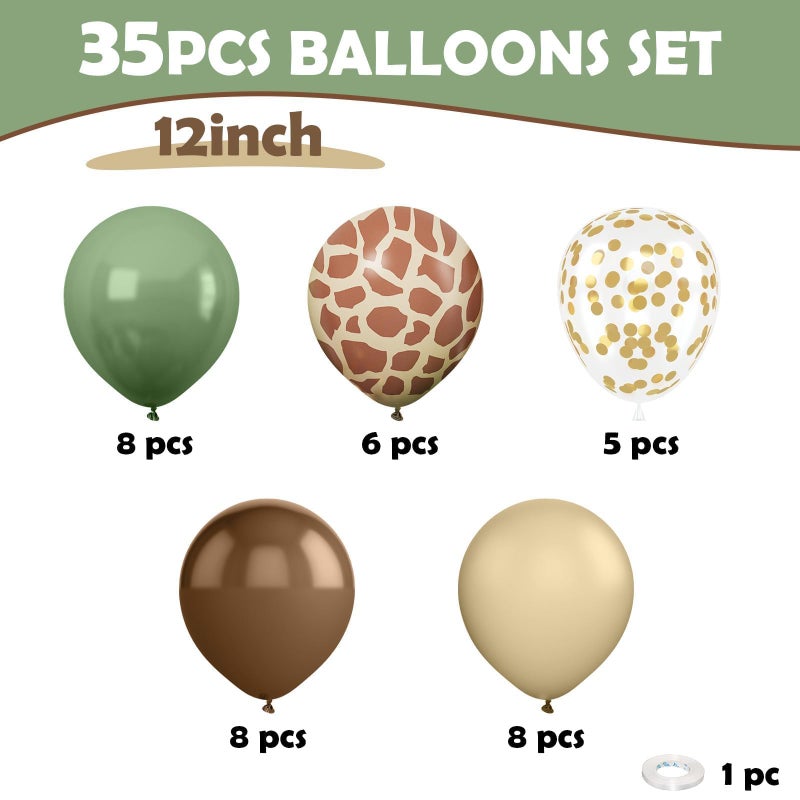 Sowide Green and Brown Balloons, 12 Inchs Sage Green Deer Print Gold Confetti Balloons for Kids Woodland Baby Shower Decorations Safari Jungle Dinosaur Theme Birthday Party Wedding Grauation Supplies - Image 2