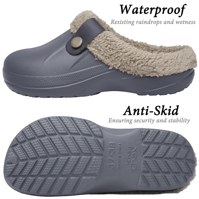 ChayChax Women and Men Fur Lined Clogs Memory Foam Warm Fuzzy Slippers Winter Waterproof Indoor Outdoor Slipper, Grey, 8.5-9 Women/7.5-8 Men - Image 4