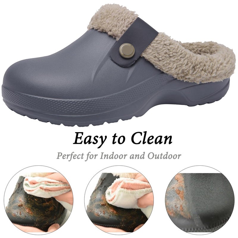 ChayChax Women and Men Fur Lined Clogs Memory Foam Warm Fuzzy Slippers Winter Waterproof Indoor Outdoor Slipper, Grey, 8.5-9 Women/7.5-8 Men - Image 2