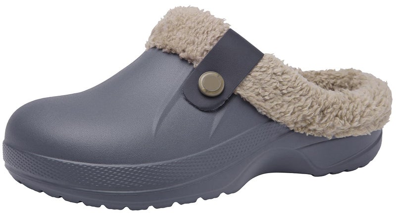 ChayChax Women and Men Fur Lined Clogs Memory Foam Warm Fuzzy Slippers Winter Waterproof Indoor Outdoor Slipper, Grey, 8.5-9 Women/7.5-8 Men - Image 1