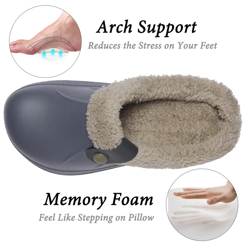 ChayChax Women and Men Fur Lined Clogs Memory Foam Warm Fuzzy Slippers Winter Waterproof Indoor Outdoor Slipper, Grey, 8.5-9 Women/7.5-8 Men - Image 3