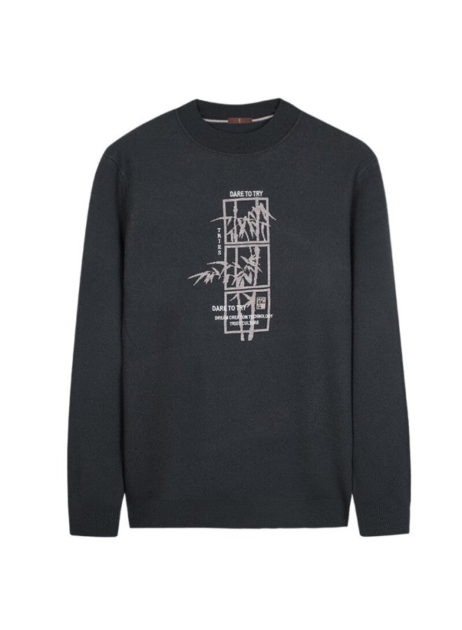 Tries Men's Wool Blend Sweater Autumn Winter New Bamboo Print Crew Neck Soft Knit Base Layer Warm Versatile Top - Image 2