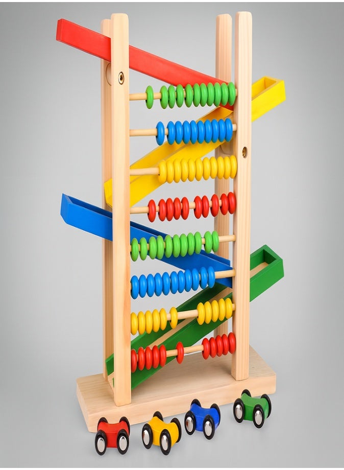 2-in-1 Montessori Wooden Car Ramp & Abacus Toy, Educational Counting Beads & Racing Track with 4 Cars, Drawing Board & Abacus Calculation Gurgling Vehicle, Toddler Learning Toy for Boys & Girls Ages 3+ - Image 1