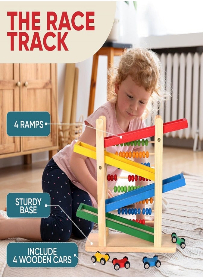 2-in-1 Montessori Wooden Car Ramp & Abacus Toy, Educational Counting Beads & Racing Track with 4 Cars, Drawing Board & Abacus Calculation Gurgling Vehicle, Toddler Learning Toy for Boys & Girls Ages 3+ - Image 4