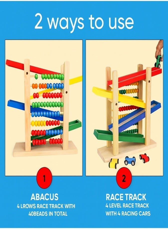 2-in-1 Montessori Wooden Car Ramp & Abacus Toy, Educational Counting Beads & Racing Track with 4 Cars, Drawing Board & Abacus Calculation Gurgling Vehicle, Toddler Learning Toy for Boys & Girls Ages 3+ - Image 5