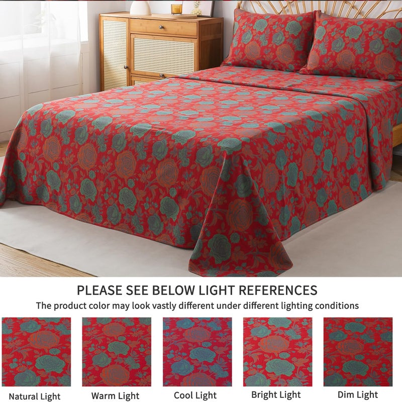 FADFAY Double Gauze 100% Cotton Queen Sheets Set Floral Bed Sheets Deep Pocket Fitted Sheet, Luxury Rose Pattern Shabby Vintage Countryside Style Bedding 4Pcs - Image 5