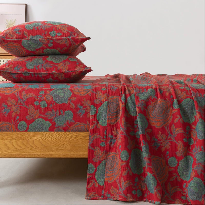 FADFAY Double Gauze 100% Cotton Queen Sheets Set Floral Bed Sheets Deep Pocket Fitted Sheet, Luxury Rose Pattern Shabby Vintage Countryside Style Bedding 4Pcs - Image 1