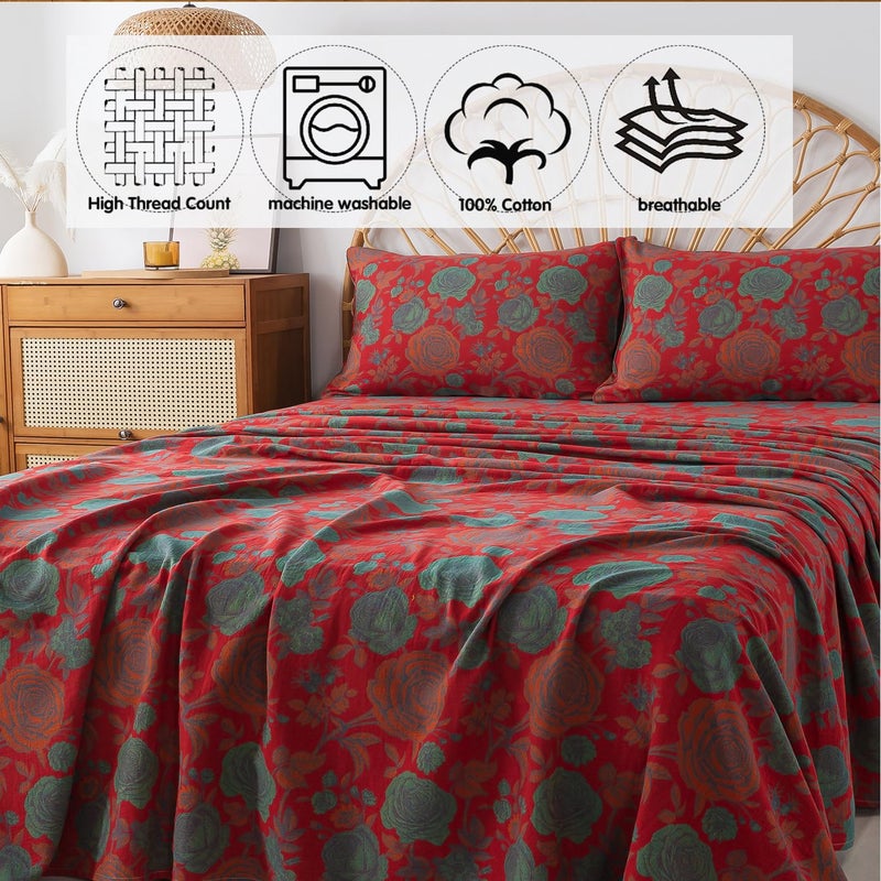 FADFAY Double Gauze 100% Cotton Queen Sheets Set Floral Bed Sheets Deep Pocket Fitted Sheet, Luxury Rose Pattern Shabby Vintage Countryside Style Bedding 4Pcs - Image 4