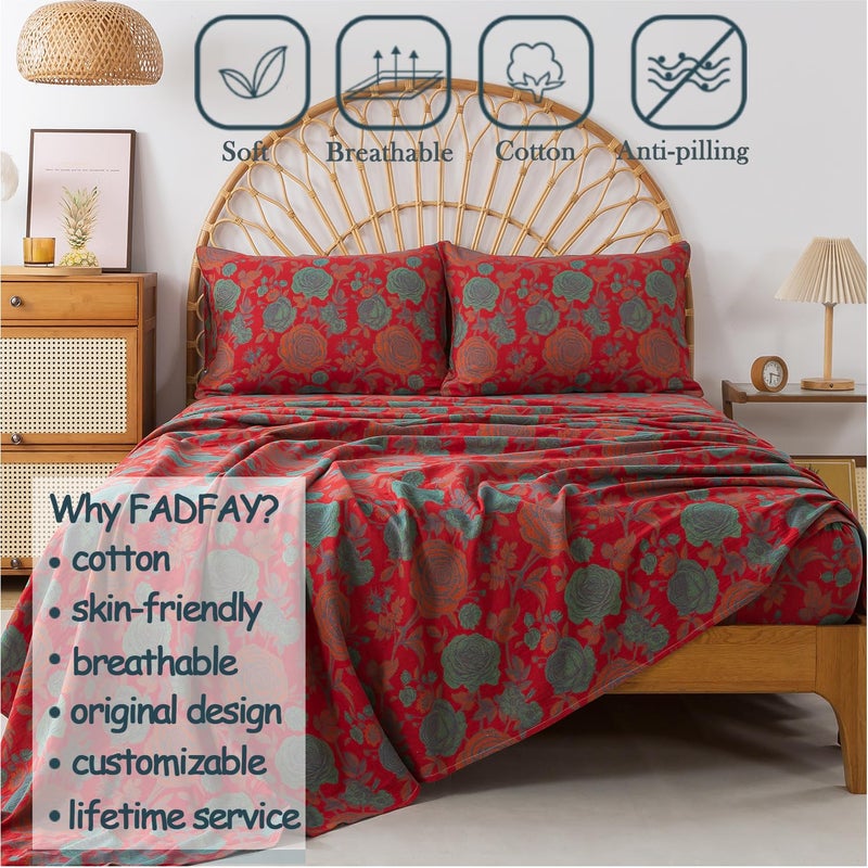 FADFAY Double Gauze 100% Cotton Queen Sheets Set Floral Bed Sheets Deep Pocket Fitted Sheet, Luxury Rose Pattern Shabby Vintage Countryside Style Bedding 4Pcs - Image 2