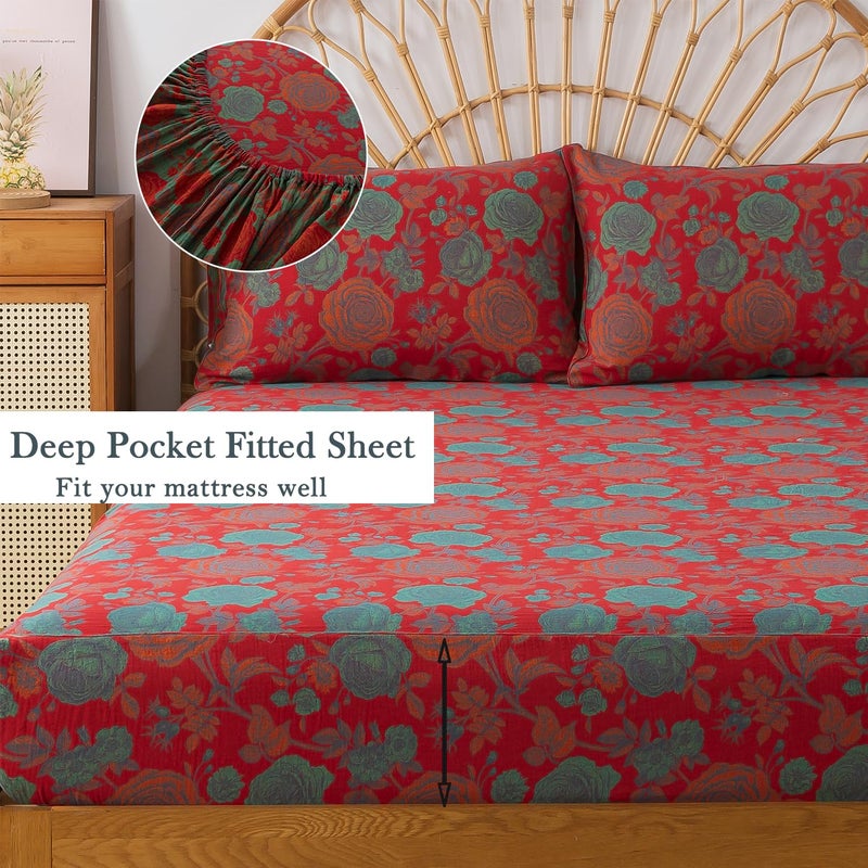FADFAY Double Gauze 100% Cotton Queen Sheets Set Floral Bed Sheets Deep Pocket Fitted Sheet, Luxury Rose Pattern Shabby Vintage Countryside Style Bedding 4Pcs - Image 3