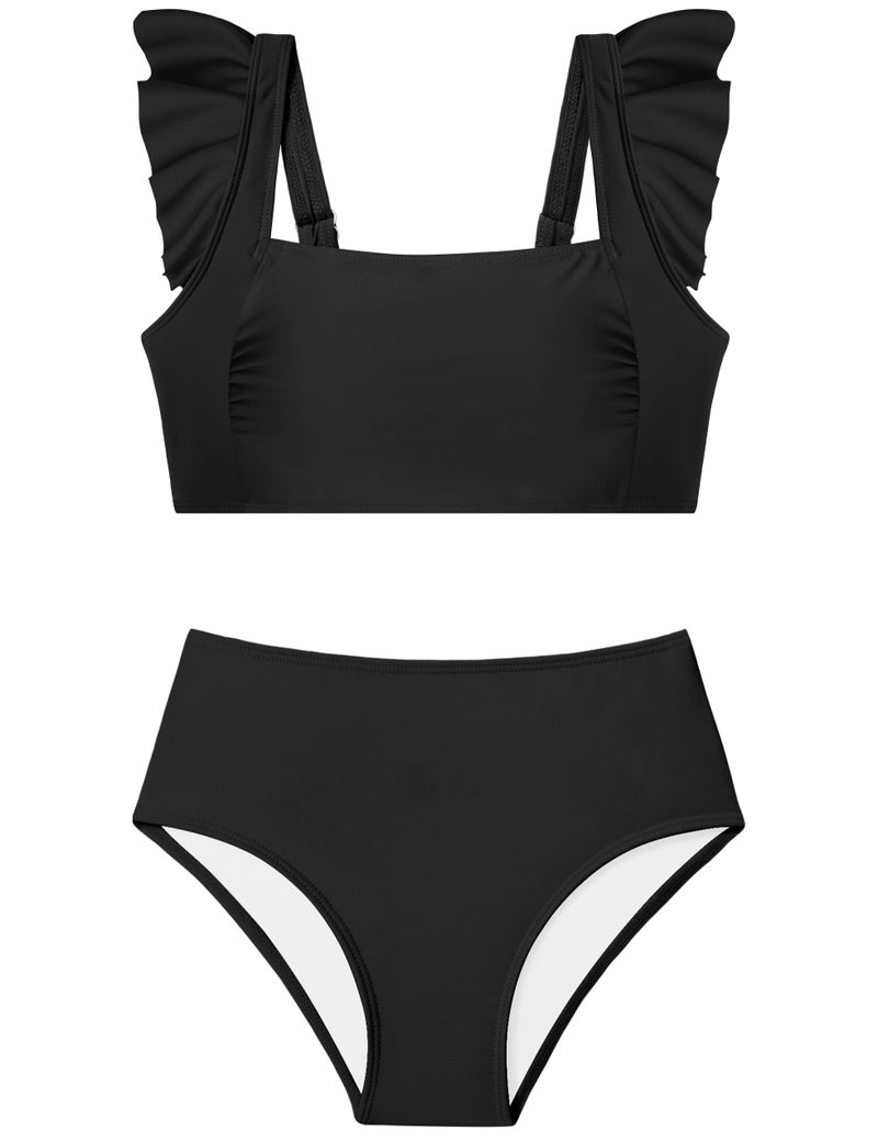 ZAANTI Girls Bathing Suit Size 10 Square Neck Design Adjustable Shoulder Straps Girls Bathing Suits Size 8-10 with Chest Pad 2 Piece Bathing Suits for Teens Bikini Set with Shorts Black - Image 1