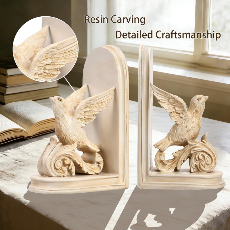 ifreeside 2PCS Vintage Bookends White Bird Decorative Bookends Resin Bookends for Kids Rooms Decorative Book Ends for Heavy Books Antique Bookend (Retro White Bird) - Image 3