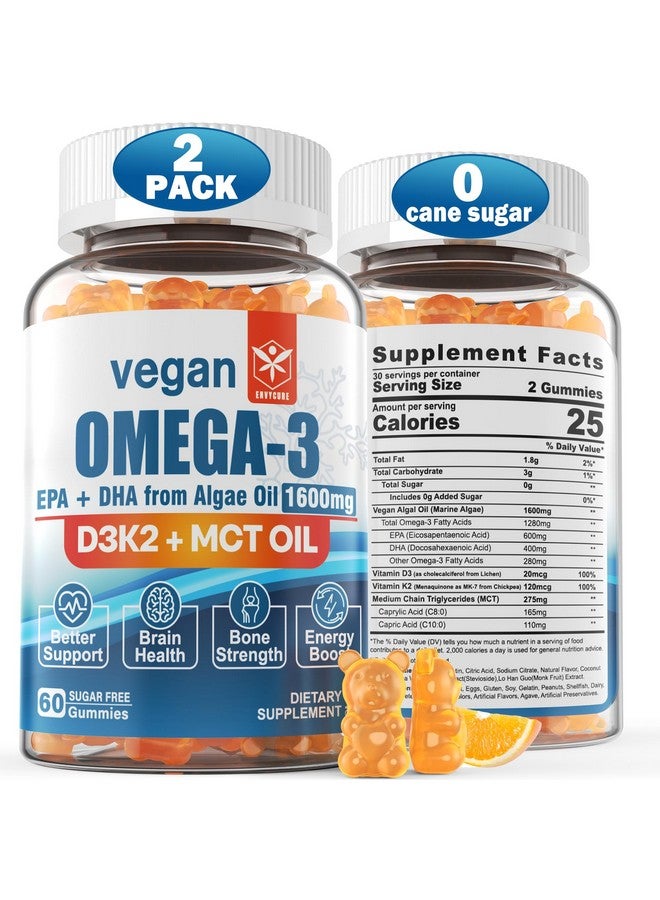 EnvyCure Vegan Omega 3 Gummies 1280mg + Vitamin D3 K2 (MK7), Omega 3 Fish Oil Alternative for Adults, w/Algae EPA 600mg & DHA 400mg, MCT Oil - No Fish Taste - for Brain, Eye, Immune Health, Sugar Free, 2 Pack - Image 1