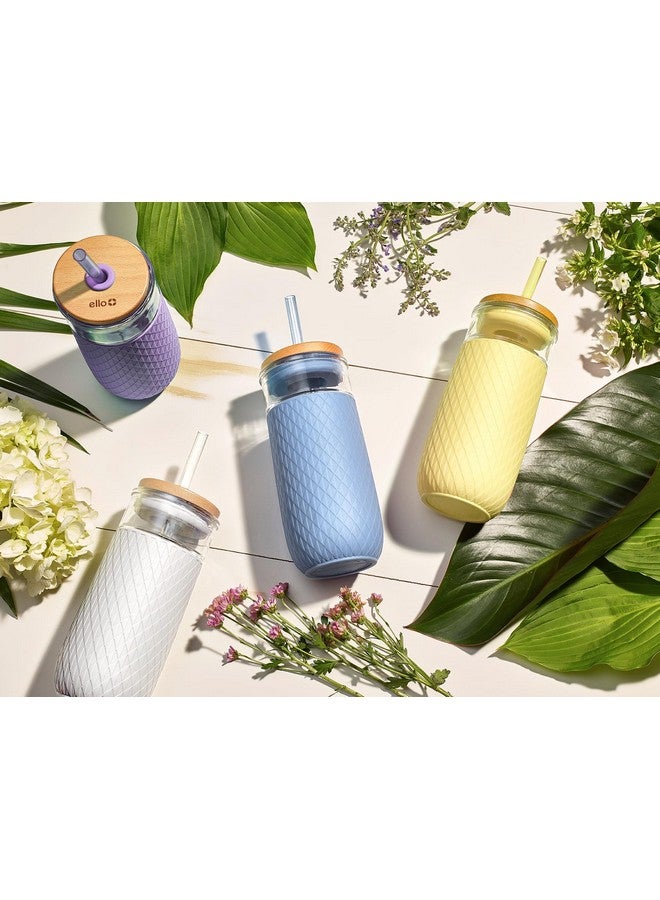 Ello كوب زجاجي إيلو ديفون سعة 18 أونصة مع قشة، غطاء خشبي من الخيزران بتصميم احتكاكي وغطاء سيليكون | مثالي للقهوة المثلجة، الشاي، والسموذي | أبيض - Image 5